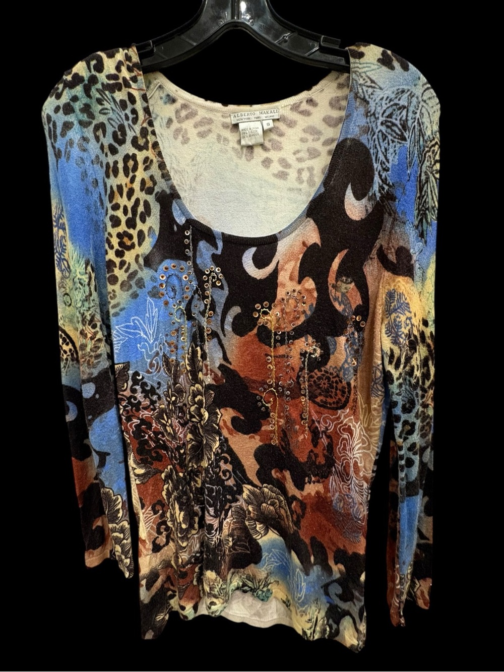Alberto Makali Animal Print Rhinestone Embellished Top Blue Size S